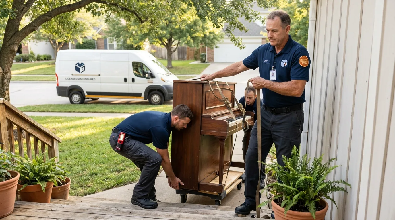 Licensed piano movers securing grand piano in Kingston, TN