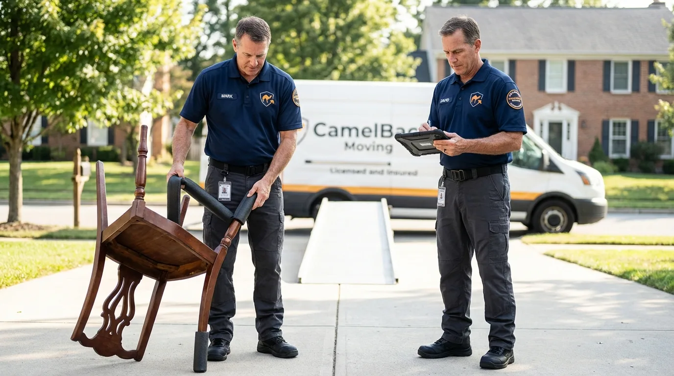 Movers inspecting furniture for damage prevention before loading in Kingston, TN