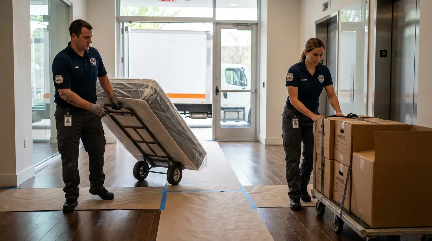 Professional apartment movers loading elevator in Kingston, TN