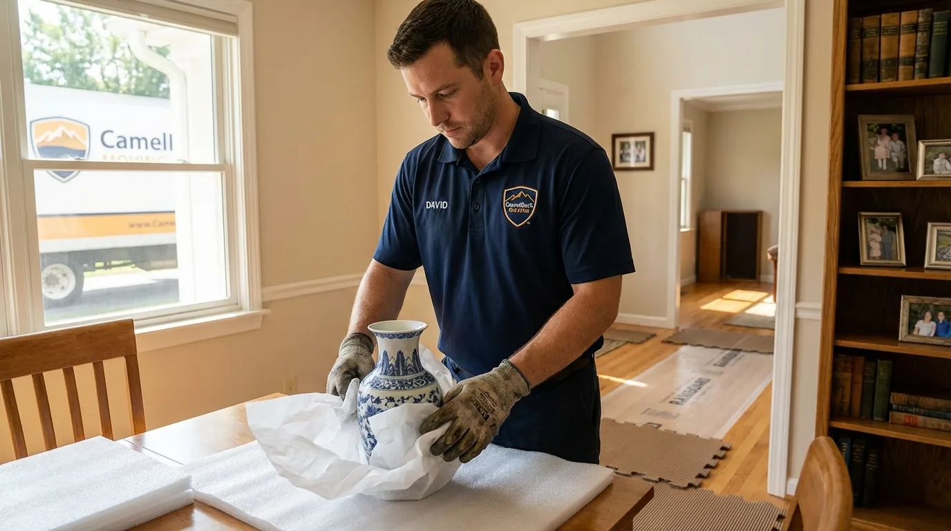 Professional crew carefully wrapping antique vase for senior downsizing move in Kingston, TN